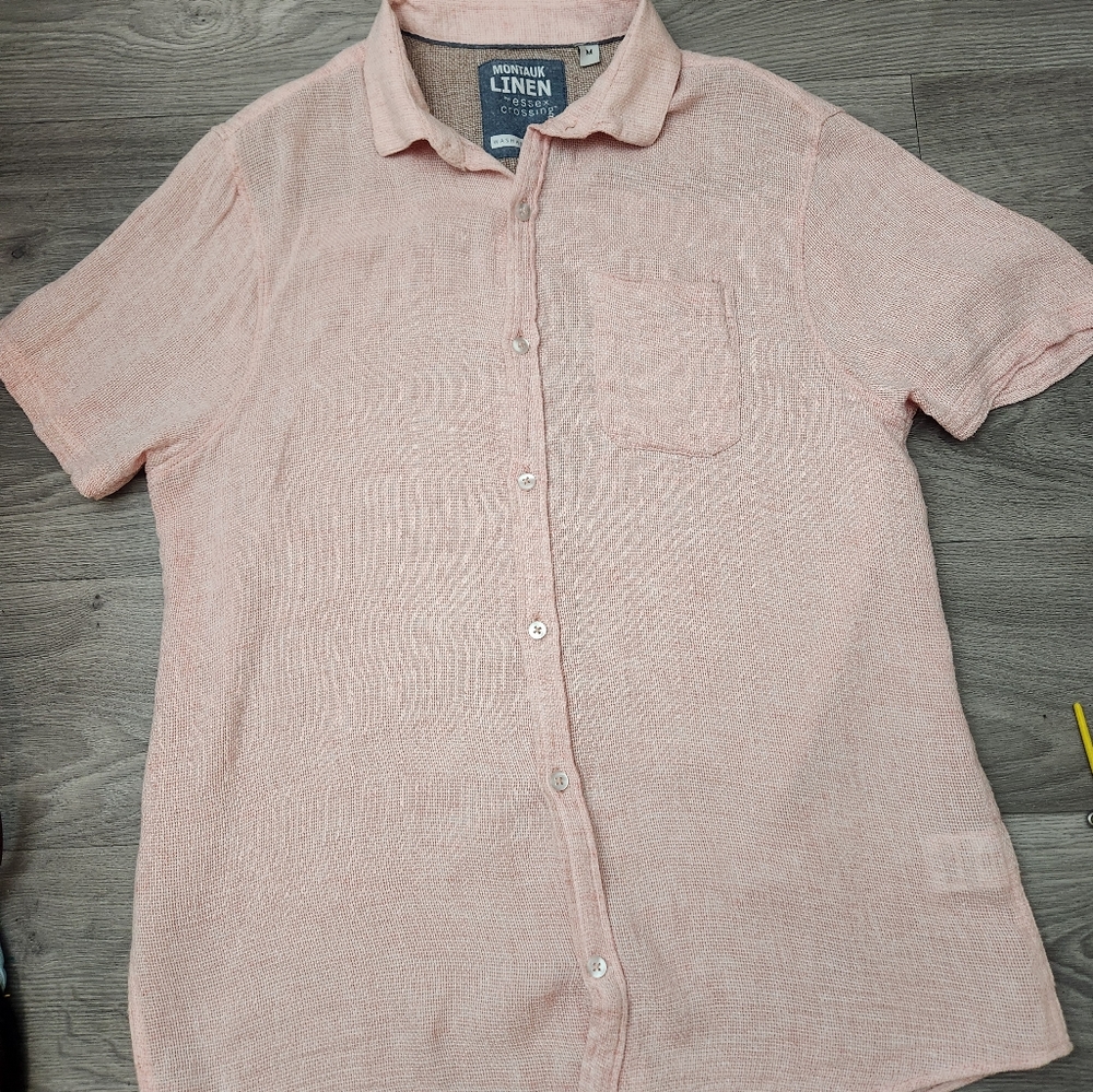 Mantauk Pink Shirt Size M Button Down Front Pocket Rayon‎ Linen Gauzy Breathable